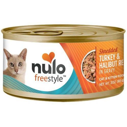 Nulo, FreeStyle Shredded Turkey & Halibut, Pavo + Fletán Desmenuzados en Salsa, Sin Granos, Gatos y Gatitos, 85 g × 24 latas