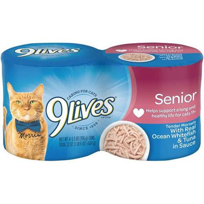 9Lives, Senior Shreds, pescado blanco de mar + atún en salsa, 156 g × 4 latas.