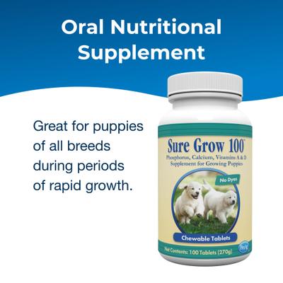 PetAg, Sure Grow 100, Calcium + Phosphorus + Vitamins A & D, para Cachorros, 100 tabletas masticables.