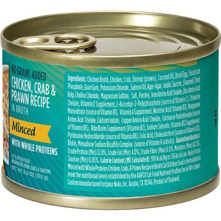 Nulo, Minced Chicken, Crab & Prawn, Pollo + Cangrejo + Camarón Entero Picados en Caldo, Gatos y Gatitos, 79 g × 12 / 170 g × 8 latas