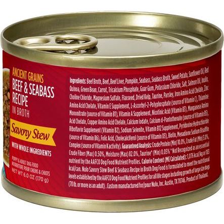 Nulo, Savory Stews Ancient Grains Beef & Seabass, Res + Lubina + Calabaza + Quinoa Roja en Caldo, Cachorros y Adultos, 170 g × 8 latas