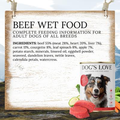 Dog's Love, Classic Adult, Res con manzana, espinaca y calabacín, 400 g × 6 latas.