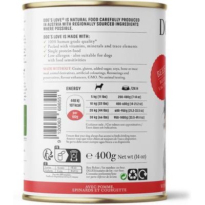 Dog's Love, Classic Adult, Res con manzana, espinaca y calabacín, 400 g × 6 latas.