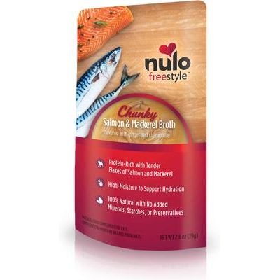 Nulo, FreeStyle Chunky Broth Salmon & Mackerel, Salmón + Caballa en Caldo para Hidratación y Topper, Gatos, 80 g × 24 bolsas