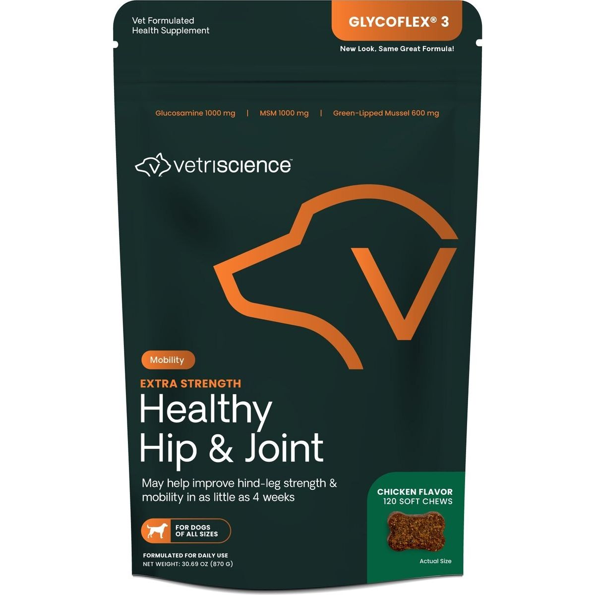 GlycoFlex 3 Extra Strength Hip & Joint Chews with Glucosa, sabor Pollo. 120 chews.