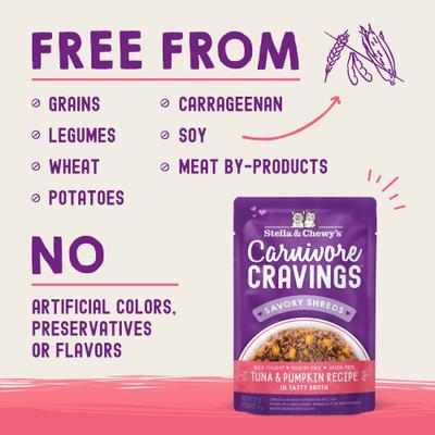 Alimento Húmedo Carnivore Cravings Savory Shreds para Gato sabor Atún y Calabaza 24 pack