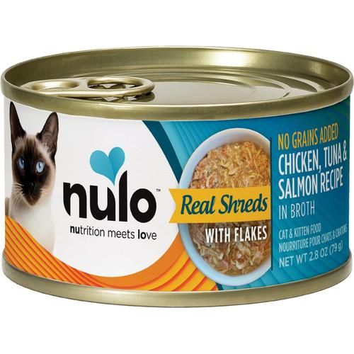 Nulo, Real Shreds with Flakes Chicken, Tuna & Salmon, Pollo + Atún + Salmón en Caldo, Gatos y Gatitos, 79 g × 12 / 170 g × 8 latas