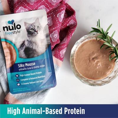 Nulo, FreeStyle Silky Mousse Tuna & Shrimp, mousse húmedo sin granos para gatos, Atún + Camarón, 79 g × 24 bolsas