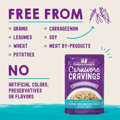 Alimento Húmedo Carnivore Cravings Savory Shreds para Gato sabor Salmón y Macarela 24 pack