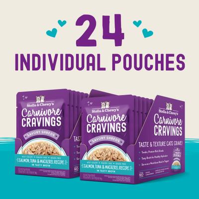 Alimento Húmedo Carnivore Cravings Savory Shreds para Gato sabor Salmón y Macarela 24 pack