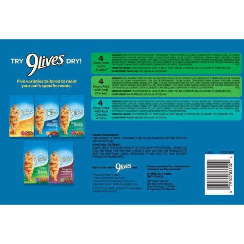 9Lives, Paté para gatos, varios sabores, 156 g × 4 / 24 latas; 369 g × 12 latas.