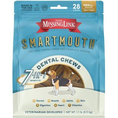 The Missing Link, Smartmouth 7-in-1 Dental Chews for Dogs, vitamina C Stay-C + ácidos grasos omega, varios tamaños, 28 masticables.