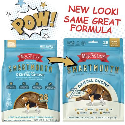 The Missing Link, Smartmouth 7-in-1 Dental Chews for Dogs, vitamina C Stay-C + ácidos grasos omega, varios tamaños, 28 masticables.