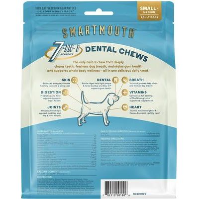 The Missing Link, Smartmouth 7-in-1 Dental Chews for Dogs, vitamina C Stay-C + ácidos grasos omega, varios tamaños, 28 masticables.
