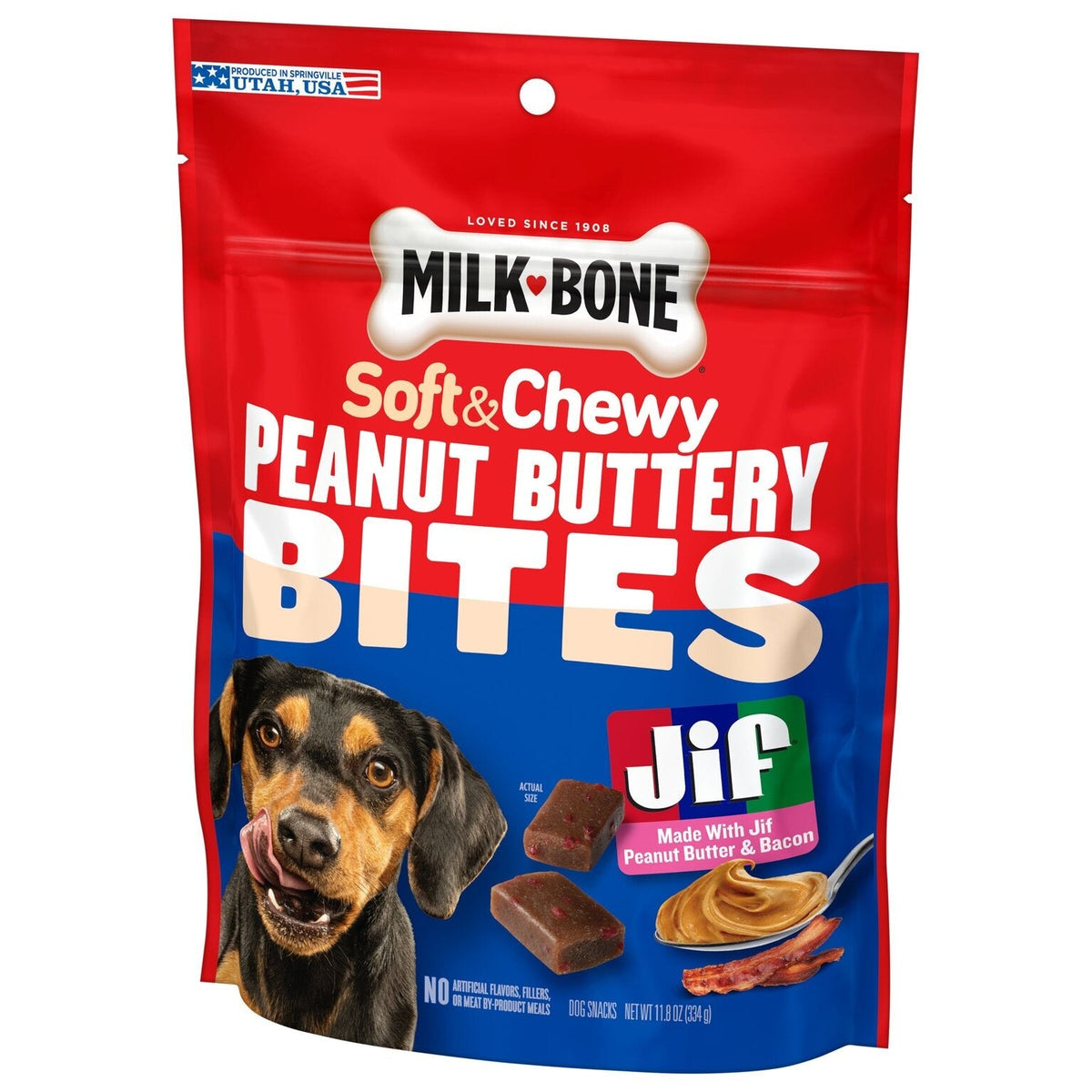 Milk-Bone Peanut Buttery Bites con Jif, crema de cacahuate y tocino, bolsa 335 g