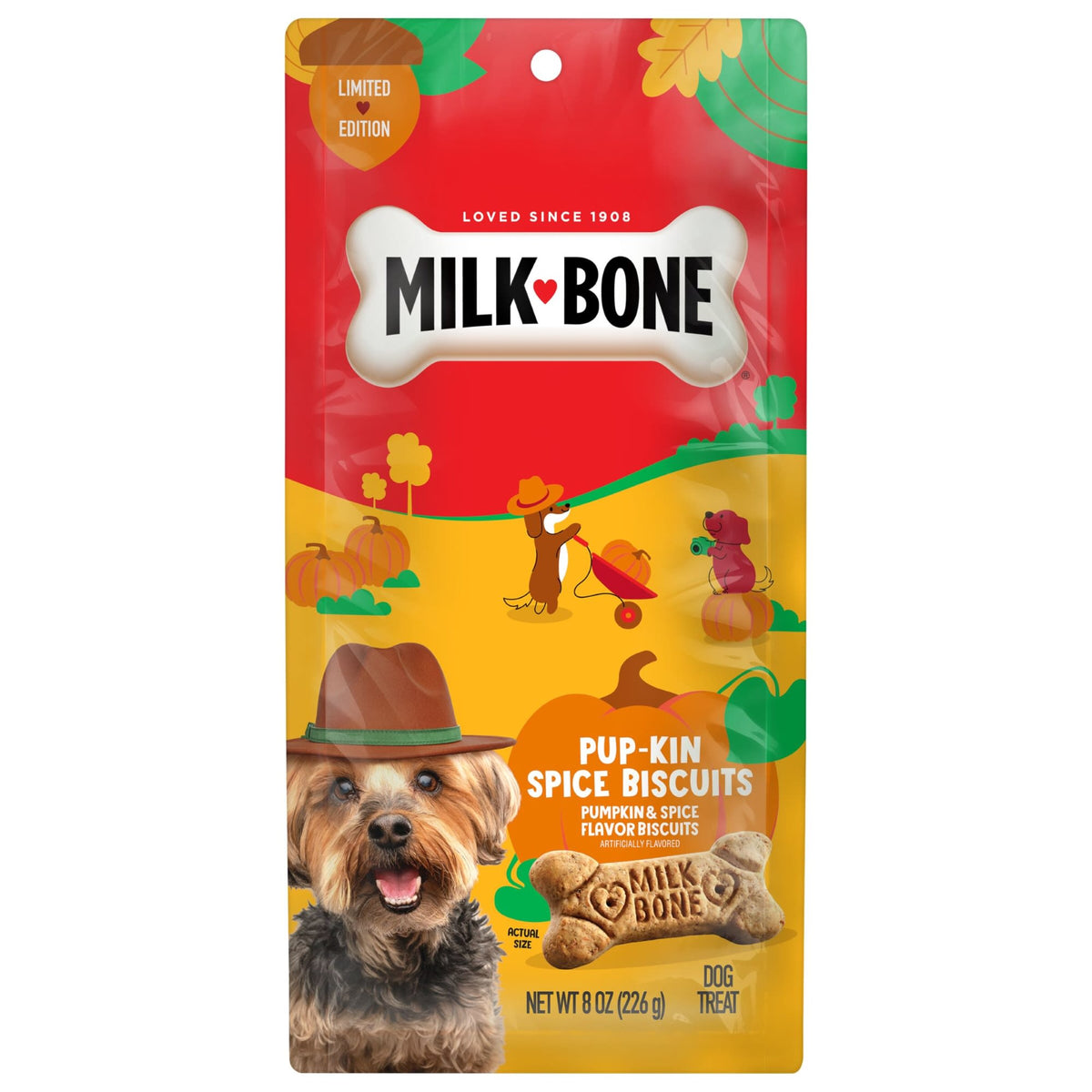 Milk-Bone Pup-kin Spice, bolsa de 8 oz / 227 g. Imagen del envase original.