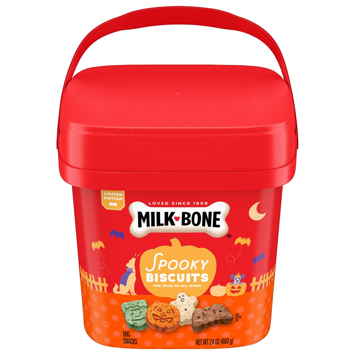 Milk-Bone Spooky Biscuits Halloween, bote de 24 oz (680 g), empaque exacto