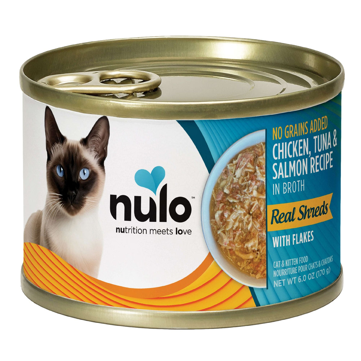 Nulo Real Shreds with Flakes Chicken, Tuna & Salmon, lata de 170 g