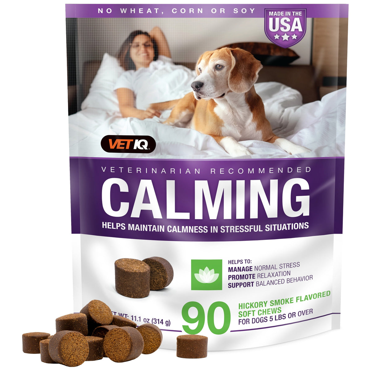 VetIQ Calming, sabor ahumado, bolsa de 90 masticables