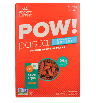 POW Pasta con Proteína de Lenteja Roja Rotini, 227 gr.