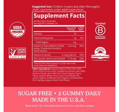 Soporte Inmune para Niños, Vitamina C, D, Zinc, sabor Cereza. 60 Gomitas