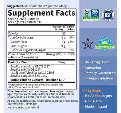 Gomitas de Prebiótico, Probióticos, Vitamina D3, sabor Naranja. 60 Gomitas