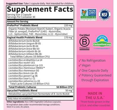 Pre + Probiótico + Post para Mujer, apoyo pH. 50 billiones. 30 Vcaps