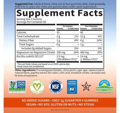 Magnesio con Prebióticos y Probióticos sabor Naranja Cremosa. 60 Gomitas