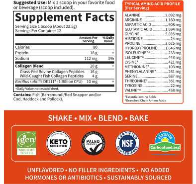 Péptidos de Colágeno (20 gr) de Pescado y Bovino. . 270 gr.