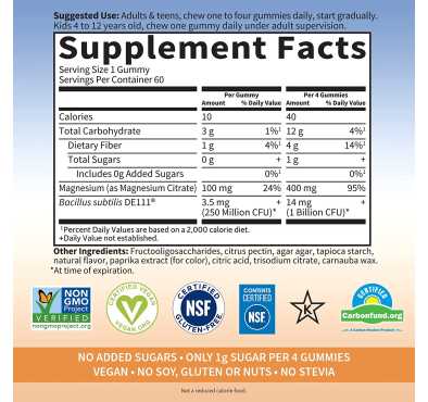 Magnesio con Prebióticos y Probióticos sabor Durazno. 60 Gomitas