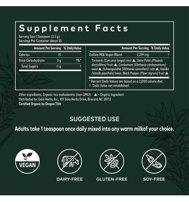 Leche Dorada, (Golden Milk) Cúrcuma, Dátil y Hierbas, 105 gr.