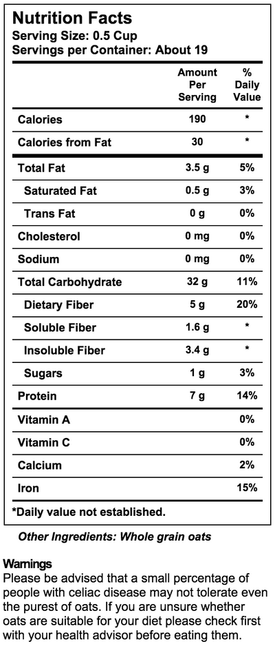 Avena Old Fashion, Libre de Gluten, Orgánica. 907 gr.