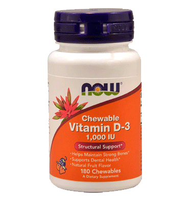 Vitamina D3 Masticable para Adultos y Niños sabor Frutas (1,000 IU). 180 tabs
